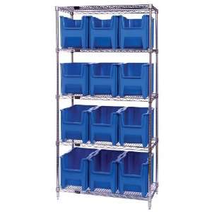 Wire Storage Center 18 x 36 x 74, 5 Shelves, 12 QGH600 BLUE Bins 18 x 