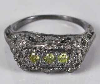   Filigree .18ctw Genuine 3 Stone Vivid Canary Diamond Ring 3.6g  