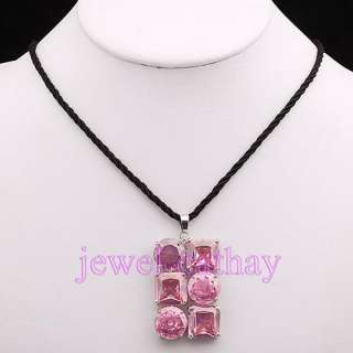 Pink Facet Square & Round Crystal String Pendant Necklace Set