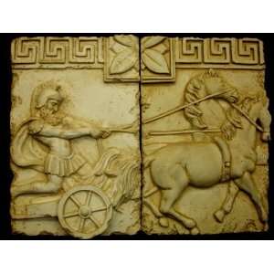  ROMAN GREEK GLADIATOR, CHARIOT & HORSE 2pc WALL SCULTPURE 