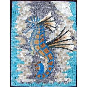    48x28 Marble Mosaic Stone Seahorse Tile Wall Art