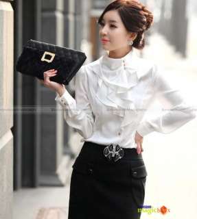 Women Fashion Long Sleeve Shirt Blouse Top Ruffle Stand Collar 4 