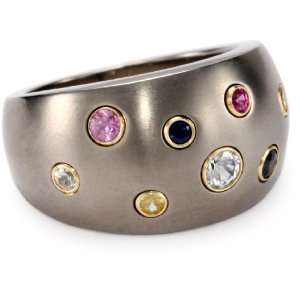 Womens Grey Titanium and 18k Yellow Round Multi Color Sapphire Dome 
