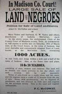 Vintage History 1860 Tenn Slave Poster Negroes and Land  