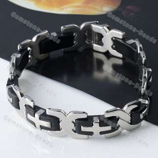   Steel Rubber Cross Inlay Link Chain Punk Bracelet Bangle Mens Jewelry