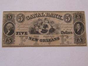 1800s Canal Bank of New Orleans Five Dollar Note, $5  