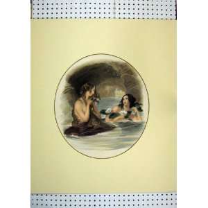  C1865 Hand Coloured Women Bathing Cave Flower Print: Home 