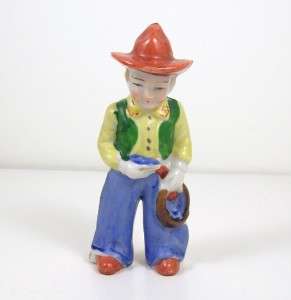 Occupied Japan Small 5 Porcelain Figurine Cow Boy Cowboy Orange Hat 