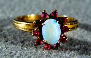 WOW ANTIQUE 14 K GOLD OVAL OPAL MULTI RUBY BOLD RING 7  