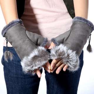 Womens Soft Rabbit Fur Hand Wrist Fingerless Warm Winter Gloves New 