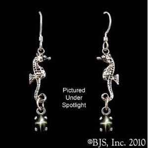 Seahorse Earrings with Gem, Sterling Silver, Star Diopside set 