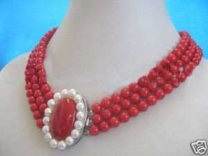 Beautiful 3 strand red Coral Necklace & Flower Clasp  