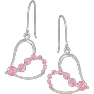   Silver Pink CZ Journey Heart French Hook Earrings .925 Jewelry