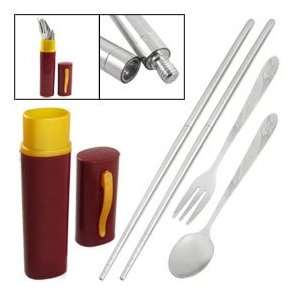 Portable Stainless Steel Chopsticks Spoon Fork Set w Dark Red Holder 