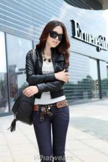 Womens Casual Slim Leather Jacket Coat Black H02  