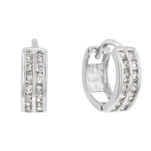  White Gold Bonded Silver CZ Hoop Huggies Earrings: Jewelry
