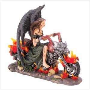 GOTHIC Angel/FAIRY Biker on MOTORCYCLE w/ Flames STATUE  