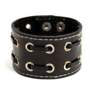 BLACK LEATHER LACED BRACELET Unisex Mens Womens Sticthed Cuff Wrist 