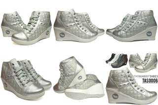 Women Wedge High Heel High Top Sneakers Ankle Boot Silver Size 5.5 6 6 