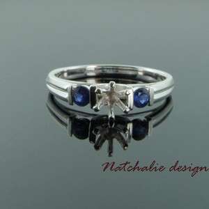 0round blue sapphire semi mount ring silver925 #062  