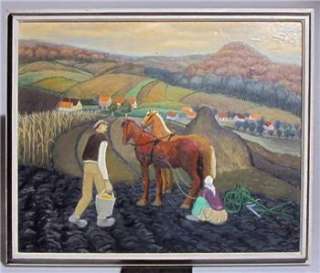 of paintings farmer and wife with horses original frame with old label 