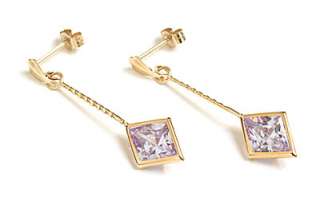 NEW 9ct GOLD LILAC CZ Long Drop Earrings, Gift boxed MADE in UK  