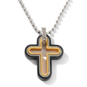   Steel Tri Tone Cross Pendant with 22 Bead Chain Necklace 