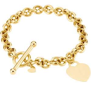 14 Karat Yellow Gold Heart Charm Rolo Link Bracelet  