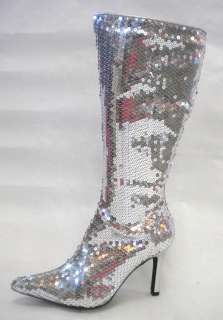 75 Silver Sequin 60s 70s Disco Pimp Costume Knee Boots Party Shoes 