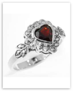 Unique Heart Shaped Garnet Ring   Sterling Silver Size 7  