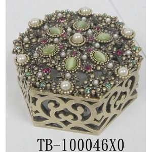  Antique Scrolled Brass Jewelry Trinket Box W Cats Eye 