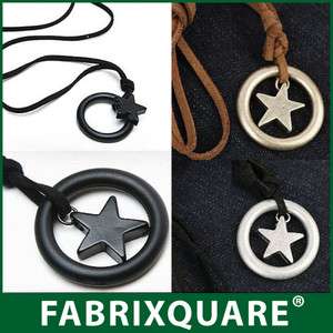 FX Mens Star in Circle Leather Necklace Blk Gold Silver mod homme 