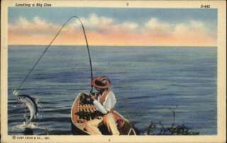 Man in Boat Fishing Catches Fish Postcard  