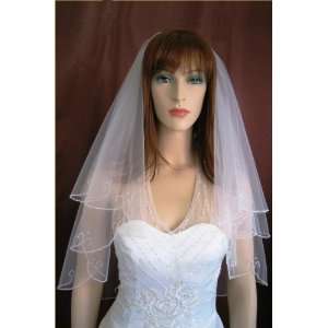  2T Ivory Pearl Beaded Crystal Bridal Wedding Veil Beauty