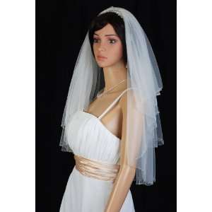    2T White Elbow Crystal Beaded Edge Bridal Wedding Veil Beauty