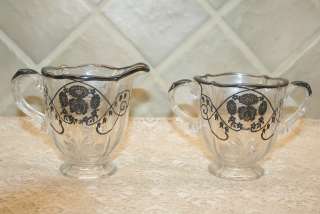 Lovely Antique Glass Sugar Bowl & Creamer Set w/ Sterling Silver 