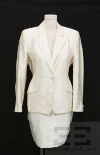 Donna Karan 2 Pc Cream Silk Button Front Blazer & Skirt Suit Set Size 