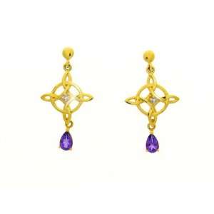 9ct Yellow Gold Celtic Amethyst & Diamond Drop Earrings Jewelry