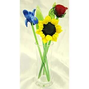  New Hand Blown Glass Summer Bouquet Flowers in Clear Glass Vase 