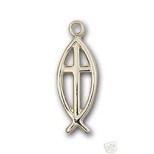  3/4 Gold Sterling Silver Fish Cross Pendant Necklace A 