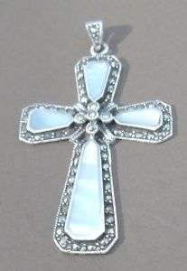   Silver925 Large Ornate Mother of Pearl Marcasite Cross Pendant  
