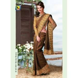  Bollywood Style Brown Faux Crepe Saree /Sari with Block 