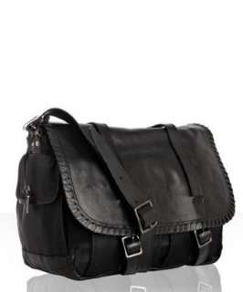 John Varvatos black nylon whipstitched leather detail messenger bag 
