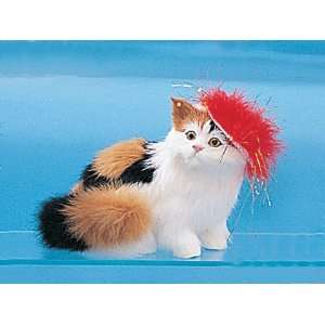 : Cat Medium 1 Paw Up W/Hat Decoration Figurine Kitty Furry Lifelike 