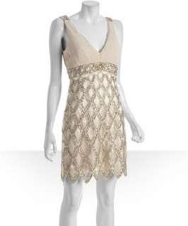 Sue Wong champagne woven beaded sequin petal hem dress   up to 