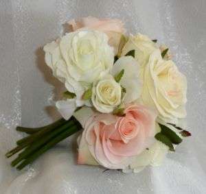 Peach Pink White Soft Roses Bride Bridal Handtied Bouquet Silk Wedding 