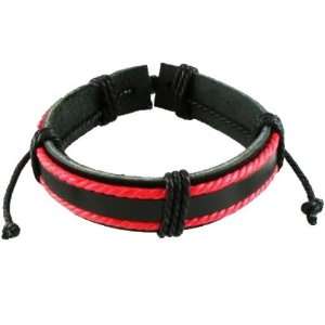  Giftware Mens Black Leather & Red Cord Surf Wristband Bracelet   0021