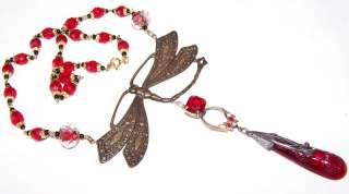 VERY OLD CZECH RUBY RED glass NECKLACE   DRAGONFLY PENDANT  
