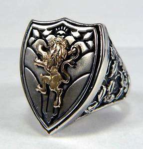 ANTIQUE KNIGHT LION CREST 14K GOLD SILVER ORNATE RING  