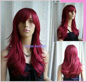 Long Ruby Red Flip Curl Bang Cosplay Party Hair Wig 118  